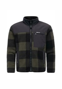 Giacca in pile a scacchi verde scuro e nera. Caratterizzata da una chiusura con zip, colletto alto e un pannello spalla in tessuto nero con tasca sul petto.