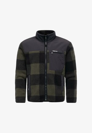 Checkered fleece jacket in dark green and black. Features a zip front, high collar, and a black fabric shoulder panel with chest pocket.