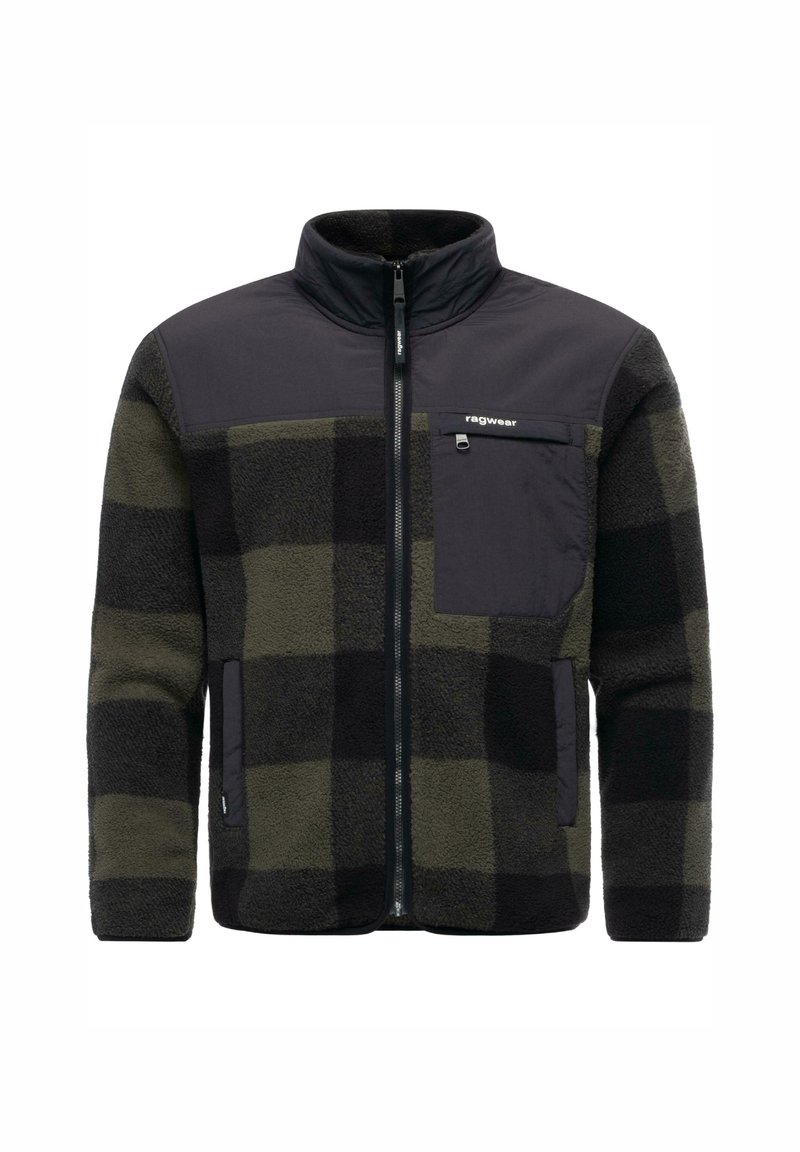 Giacca in pile a scacchi verde scuro e nera. Caratterizzata da una chiusura con zip, colletto alto e un pannello spalla in tessuto nero con tasca sul petto.