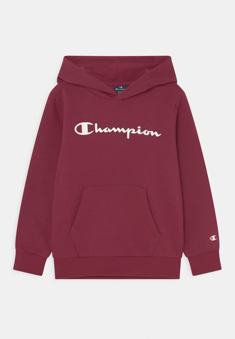 Sweat à capuche bordeaux avec poche kangourou à l'avant et logo "Champion" blanc sur la poitrine, ainsi qu'un plus petit logo sur le poignet de la manche gauche.