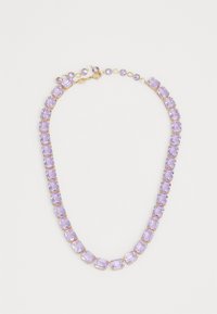 Purple gemstone necklace with rectangular and round cut stones, set in gold-tone metal. Features a secure clasp and an elegant design.