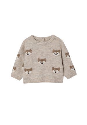 Beige gestrickter Pullover mit rundem Halsausschnitt, langen Ärmeln und braunen Fuchs-Gesichtsmustern auf einem strukturierten Hintergrund. Weiches und gemütliches Material.