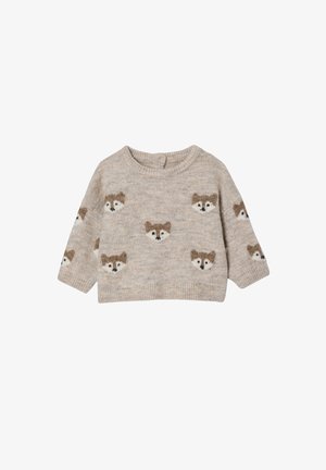 Beige gestrickter Pullover mit rundem Halsausschnitt, langen Ärmeln und braunen Fuchs-Gesichtsmustern auf einem strukturierten Hintergrund. Weiches und gemütliches Material.