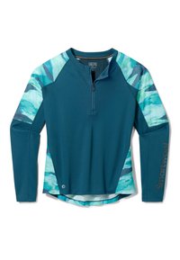 Teal langærmet top med halvlange lynlås, med blågrønne akvarel-accents på skuldrene. Blødt stof med en let glans og en afrundet kant.