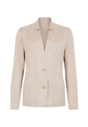 Beige tekstureret strikket blazer med to knapper, lange ærmer, åben krave og påsyede lommer foran.