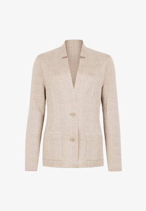 Beiger strukturierter Strickblazer mit zwei Knöpfen, langen Ärmeln, offenem Kragen und aufgesetzten Taschen vorne.