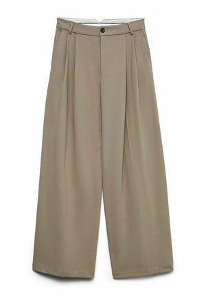 Bēša krāsas plašu kāju bikses ar augstu jostasvietu, priekšpusē ar bāliem krokām, vienu pogas aizdari un gludu tekstūru.