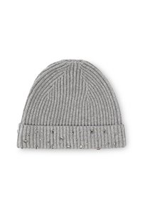 Beanie grigia lavorata a maglia con costine verticali, dotata di un risvolto decorato con dettagli in argento e un aspetto complessivo texturizzato.
