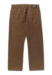 Bruine katoenen broek met een rechte fit, voorzien van achterzakken en zichtbare stiksels. De tailleband heeft een zwart-gele merketiket.