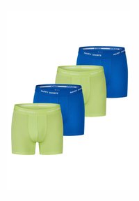 Vier paren boxershorts in felblauw en neon groen, gemaakt van zachte stof, met een gemerkte elastische tailleband met de tekst "HAPPY SHORTS."