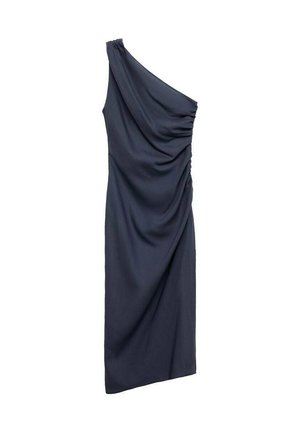 Robe bleu marine à une épaule avec tissu drapé. Présente un détail froncé sur l'épaule, une texture douce et une silhouette ajustée.
