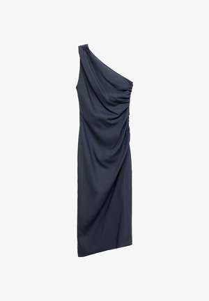 One-shoulder, navy dress with draped fabric. Features a gathered detail on the shoulder, soft texture, and body-hugging silhouette.