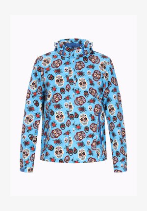 Vaaleansininen takki, jossa on toistuva kuvio luurangoista ja kukista punaisina, mustina ja kermansävyisinä. Sisältää nyörikiinnikkeen hupun ja napin kiinnityksen.