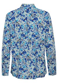 Long-sleeve button-up shirt with a blue and black floral pattern on a white background, shown from the back.