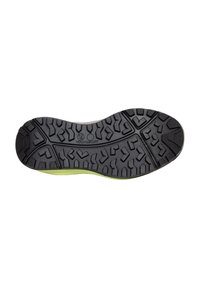 Schwarze Gummisohle mit tiefen Profilen und grünen Akzenten. Das Muster zeigt Zickzack- und kreisförmige Designs für Traktion und Grip.