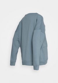 Světle modrý mikina z fleecu s kulatým výstřihem, spadlými rameny a dlouhými rukávy. Disponuje kapsou a rovnými lemy. Měkká textura.