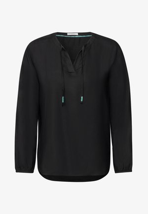 Černá dlouhá blůza s dlouhými rukávy vyrobená z hladkého materiálu, s výstřihem do V, nastavitelnými šňůrkami s tyrkysovými akcenty a elastickými manžetami.