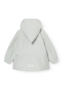 Ανοιχτό γκρι παιδικό μπουφάν με κουκούλα και ελαστικές μανσέτες, με ετικέτα «Mini A Ture Copenhagen» στο κάτω μέρος της πλάτης.