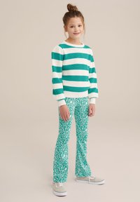 Pulover tricotat cu dungi verzi și albe, cu mâneci lungi, asortat cu pantaloni evazați verzi cu un model floral. Tenisi cu accente albe și crem.