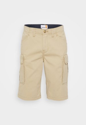 Beige cargoshorts met een rechte snit, voorzien van zijzakken, knoopsluiting en een stevige stoftextuur. Etiket zichtbaar bij de taille.
