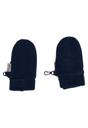 Pair of navy blue fleece mittens with adjustable wrist straps and small clips for attachment.
