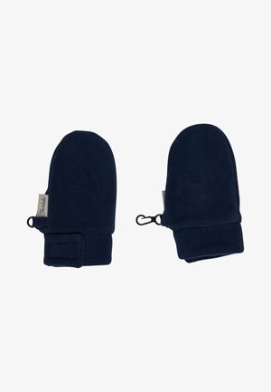 Pair of navy blue fleece mittens with adjustable wrist straps and small clips for attachment.