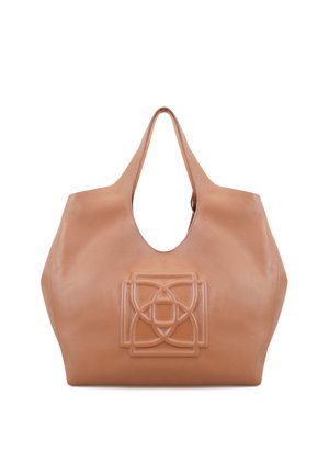 Tan leather tote bag featuring a geometric embossed design on the front, wide handles, and a soft, textured finish.