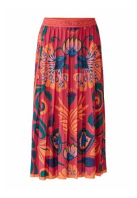 Jupe plissée rouge avec un motif floral orange, bleu et vert. Dotée d'une large ceinture étiquetée "TROPICAL". Fabriquée en tissu doux.