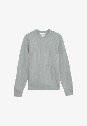 Helle graue Strickjacke mit gerippter Textur, Rundhalsausschnitt und langen Ärmeln. Verfügt über einen figurbetonten Saum und Bündchen.