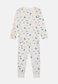 Cotton pajama set featuring long sleeves and fitted pants, decorated with various butterflies in pink, blue, and brown on a cream background.
