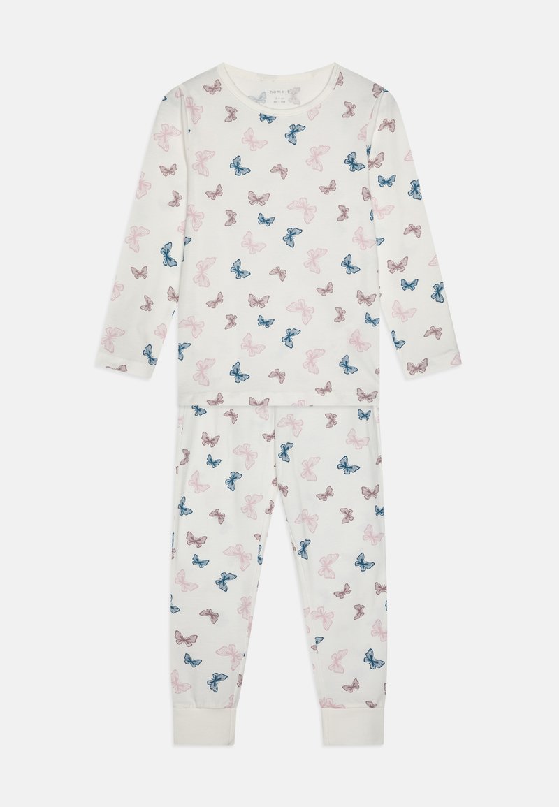 Cotton pajama set featuring long sleeves and fitted pants, decorated with various butterflies in pink, blue, and brown on a cream background.