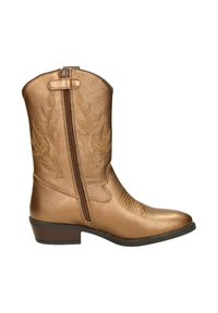 Bronzen leren cowboylaarzen met een textuurafwerking, een zijrits en decoratieve borduursels op de schacht. Lage, gestapelde hak.