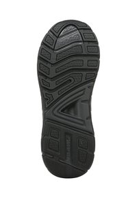 Zwarte rubberen schoenzool met gestructureerde patronen, groeven en branding. Het ontwerp biedt grip met een ergonomische vorm.