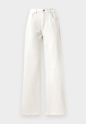 Hvite vide denimbukser med knappelukking, beltehemper og fem lommers design. Glatt tekstur med synlig søm.