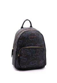Zaino nero con scomparti con cerniera, caratterizzato da un motivo di timbri a tema viaggio, hardware dorato e silhouette a forma arrotondata.