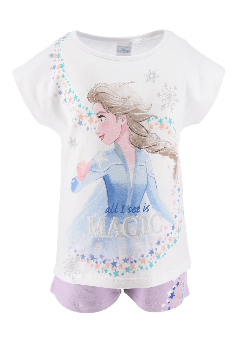 Conjunto de pijama blanco de algodón que presenta un cuello redondo, mangas cortas y un gráfico de un personaje con el texto "todo lo que veo es MAGIA". Pantalones cortos morados.