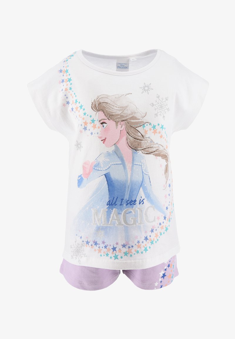 Conjunto de pijama blanco de algodón que presenta un cuello redondo, mangas cortas y un gráfico de un personaje con el texto "todo lo que veo es MAGIA". Pantalones cortos morados.
