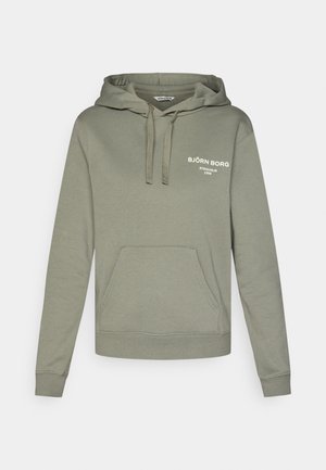 Hellolivgrüner Kapuzenpullover mit Kordelzug, Fronttasche, gerippten Bündchen und Saum. Weißes Textlogo auf der Brust. Weiche Stoffstruktur.