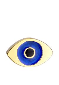Pendentif en forme d'œil en ton doré, présentant des cercles concentriques bleus et noirs avec une finition brillante. Texture lisse, avec un contraste de couleurs vif.