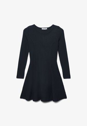 Abito nero a maniche lunghe con gonna svasata e corpino aderente. Presenta un collo rotondo e un tessuto texturizzato.