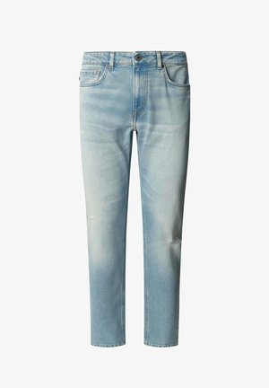 Lichtblauwe denim jeans met een rechte pijp, met lichte slijtage, versleten details en een klassiek vijf-pocket ontwerp.