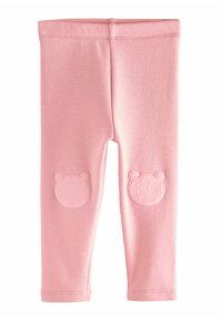 Rosa Kinderleggings mit aufgenähten Bärenkopf-Patches auf den Knien, weichem Stoff und einem elastischen Bund.