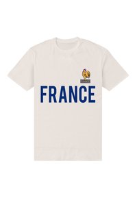 Bílý bavlněný tričko s modrým textem "FRANCIE" a žlutým logem kohouta nad textem, standardní střih s krátkými rukávy.