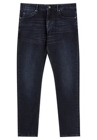 Jean en denim bleu foncé avec poches avant, fermeture à boutons, passants pour ceinture et légère texture délavée sur les cuisses.
