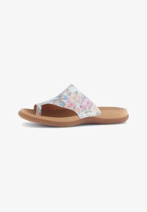 Bloemen slide-sandalen met een witte basis, voorzien van levendige roze en blauwe bloempatronen, open teenontwerp en een flexibele tan rubberen zool.