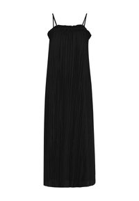 Schwarzes maxi Kleid mit Faltenwurf, dünnen Trägern und gerafftem Ausschnitt. Es hat ein fließendes Design, eine weiche Textur und vertikale Linien im gesamten Kleid.