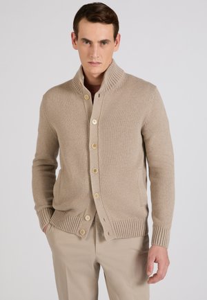 Mężczyzna ubrany w beżowy, zapinany na guziki kardigan dzianinowy i pasujące beżowe spodnie, stojący z jedną ręką w kieszeni na jednolitym tle.