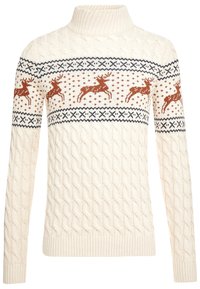 Kremowy sweter z dzianiny z wysokim kołnierzem, ozdobiony wzorem plecionki oraz czerwono-brązowymi wzorami reniferów na granatowo-białym tle.