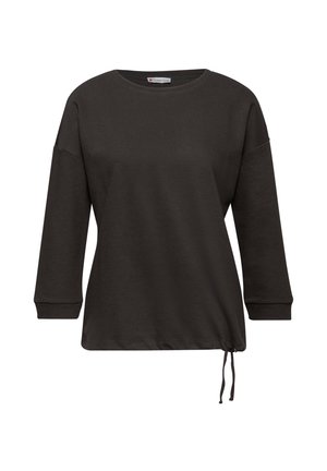 Ciemnoszara prążkowana koszulka z długim rękawem, okrągłym dekoltem i sznurkiem regulującym u dołu po prawej stronie.