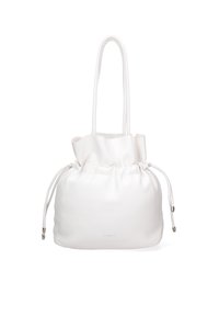 Borsa tote in pelle bianca con coulisse e bordo arricciato, manici lunghi e dettagli in metallo color argento. Texture liscia e forma arrotondata.